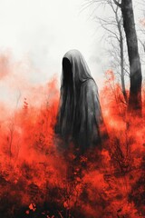 Children's Watercolor Applique Ghost, Bat, and Spider Web Halloween Scene