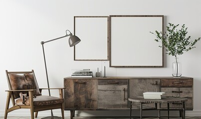 Poster, wall mockup in interior background with old grunge furniture Digital illustration, white background, watercolor style