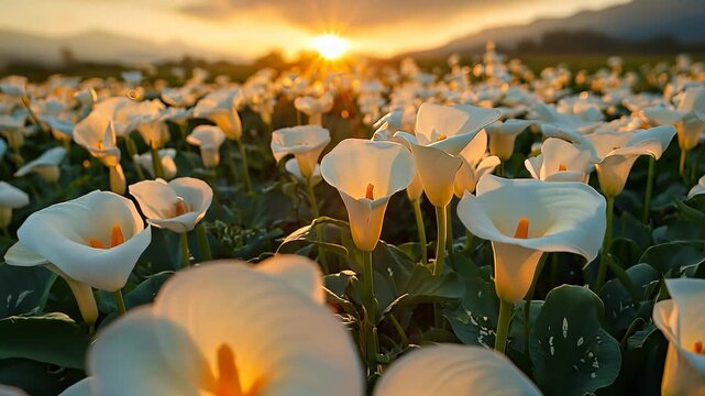 Golden sunset over calla lily field blooming in spring