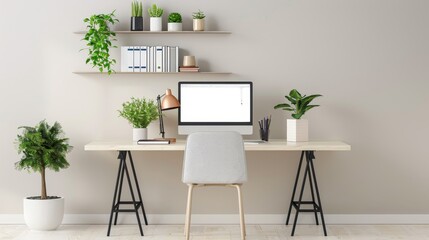 A white desk with a yellow chair and a computer monitor