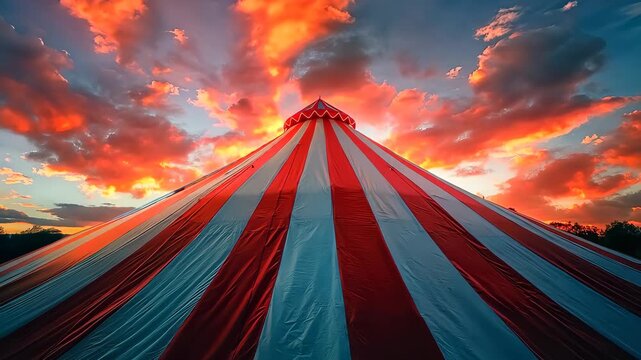Colorful circus tent with dramatic sunset sky backdrop