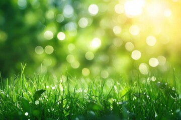 Fototapeta premium natural grass background with blurred bokeh and sun , ai