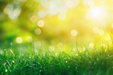 Obraz premium natural grass background with blurred bokeh and sun, ai