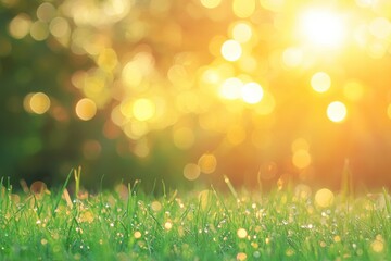 Obraz premium natural grass background with blurred bokeh and sun, ai