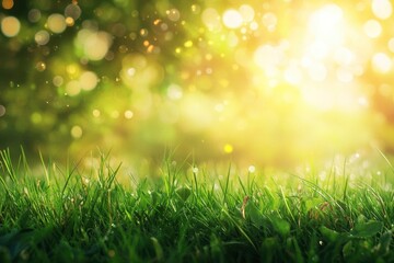 Obraz premium natural grass background with blurred bokeh and sun, ai