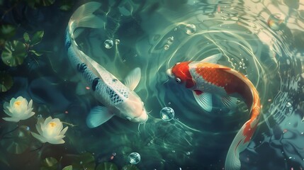 Close-Up of Two Koi Fish Swimming in a Serene Water Garden