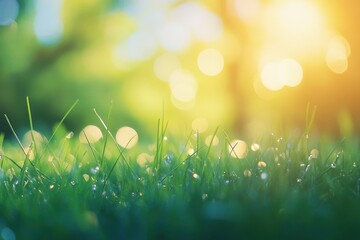 Obraz premium natural grass background with blurred bokeh and sun, ai