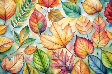 Fototapeta premium Autumn leaves background. Watercolor drawing 
