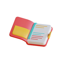 3D illustration of an open book with a bookmark and pen, Perfect for back to school projects.