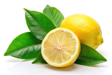 Vibrant ripe lemon, half, and slice stand out against a clean white background, surrounded by fresh green leaves, in a crisp, high-resolution studio photograph.