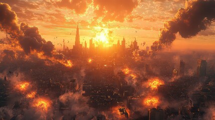 Fototapeta premium dramatic cityscape with action elements like explosions or flying vehicles, emphasizing movement and excitement