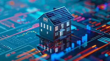 Model House with Solar Panels on Digital Financial Background