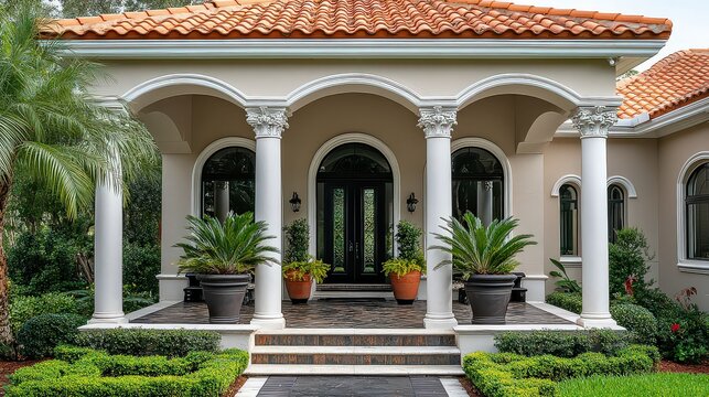 stately portico with decorative columns and a tiled roof, providing a visually striking transition from the exterior to the interior of the home