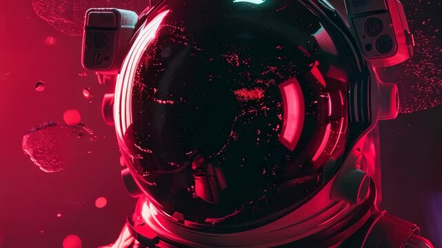 Astronaut's helmet shattering in dramatic red light in space