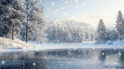 Fototapeta premium beautiful landscape of a lake surrounded by forest with a lot of snow falling