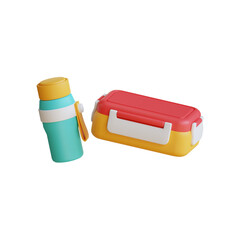 Lunch box with water bottle. School lunch box. 3D Render.