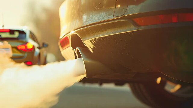 Exhaust fumes emitting from car tailpipe in traffic queue
