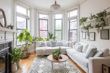 Fototapeta premium Cozy living room with modern decor, natural lighting, and vibrant houseplants creating a warm atmosphere.