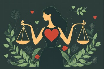 Lady Justice holding scales and a heart, morality in law, flat design illustration