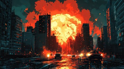 Fototapeta premium comic book illustration of a city in turmoil, with dramatic lighting and intense colors to convey a sense of urgency and chaos