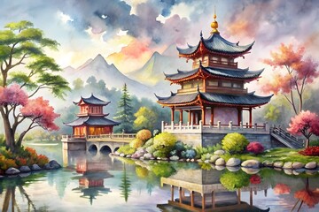 Fototapeta premium Watercolor hand drawn Daigoji Temple Pagoda in autumn. Japanese ancient architecture. Can be used to design sightseeings card, tourism ads, calendar, books - Illustration 