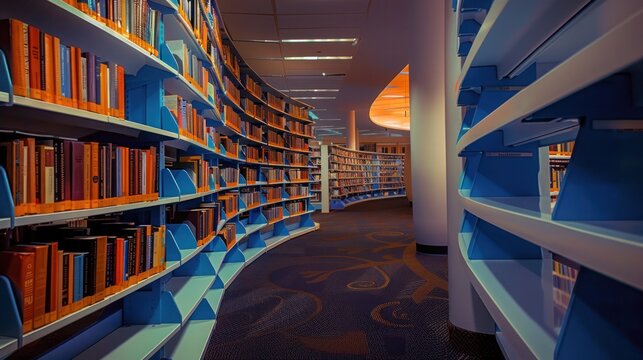 Library bookshelves, illuminated by warm artificial lighting