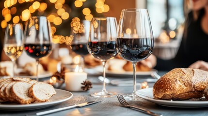 Elegant table setting featuring glasses of wine and freshly baked bread, perfect for festive gatherings and celebrations.