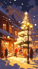 Obraz premium Enchanting Anime-Style Winter Night Cityscape: Magical Urban Wonderland with Deserted Snowy Streets and Illuminated Snow-Covered Buildings. Dreamy 2025 Christmas and New Year Themed Nocturnal Artwork 