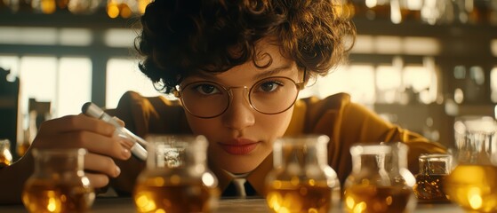 Focused student conducts an experiment with colorful liquids in a science lab, showcasing curiosity and innovation.