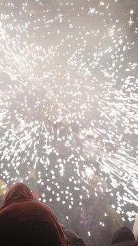 fire run or correfoc festival,barcelona spain in vertical