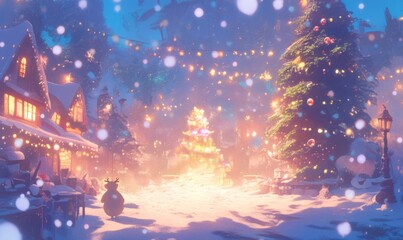 Obraz premium Enchanting Anime-Style Winter Night Cityscape: Magical Urban Wonderland with Deserted Snowy Streets and Illuminated Snow-Covered Buildings. Dreamy 2025 Christmas and New Year Themed Nocturnal Artwork 