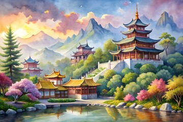 Watercolor hand drawn Daigoji Temple Pagoda in autumn. Japanese ancient architecture. Can be used to design sightseeings card, tourism ads, calendar, books - Illustration
