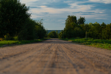 Gravel, rustic exit road. Dense shrubbery on both sides of the gravel road