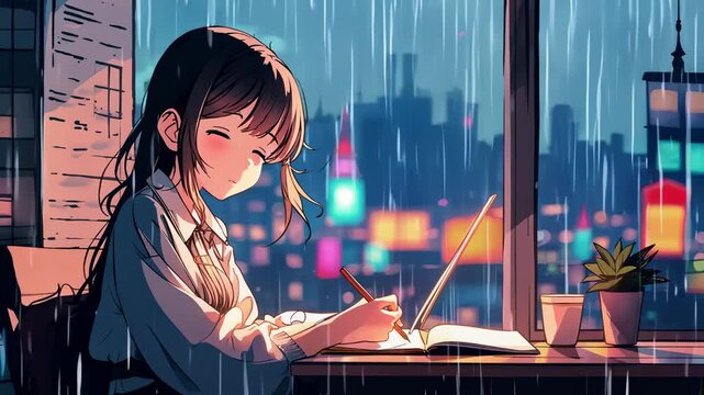 Young girl Writing at Desk with Rain Outside lofi animation