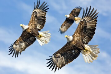 Fototapeta premium Majestic eagles soar through a clear blue sky, showcasing their impressive wingspan and grace in flight.