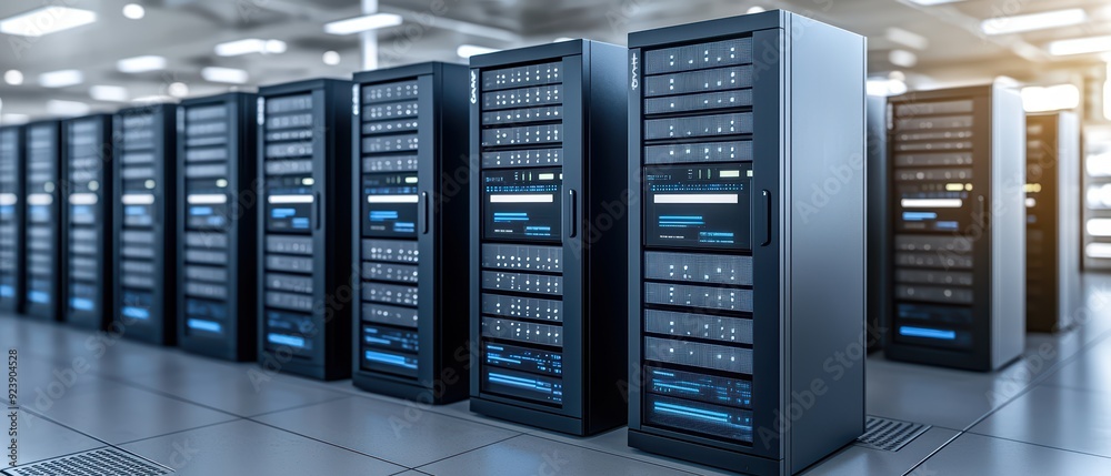 Poster modern data center with multiple servers organized in rows, showcasing advanced technology and effic