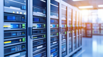 Modern data center with rows of server racks lit by bright LED indicators, showcasing advanced technology and infrastructure.