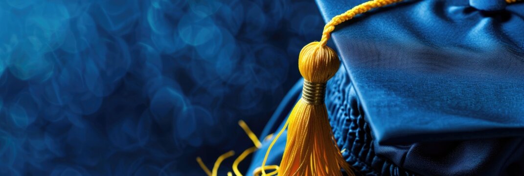 Blue graduation cap with yellow tassel atop blue gown featuring space for text