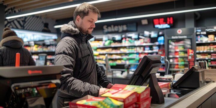 Man Paying for Groceries at a Supermarket Checkout