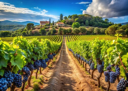 Lush rows of ripe wine grapes stretch across sun-kissed vineyards in southern France, near Saint-Tropez and Gassin, awaiting harvest for ros&eacute; wine production.