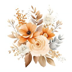 Watercolor floral bouquet of roses isolated on white background brown color flowers, rose, peony, gold green leaf branches collection. Wedding invites, wallpapers, fashion. Eucalyptus