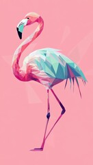 Naklejka premium Geometric pink and teal flamingo illustration against a pastel pink background