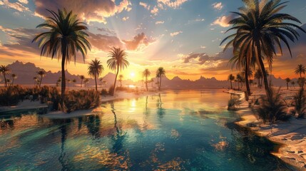 oasis in the middle of the desert on a sunset