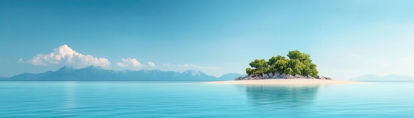 A serene tropical island with lush greenery surrounded by calm turquoise waters under a clear blue sky, perfect for relaxation.