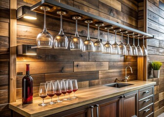 Elegant wine glass hanger mounted on a rustic wooden wall, adjacent to a sleek modern bar, showcases refined sophistication in a luxurious home's entertainment area.