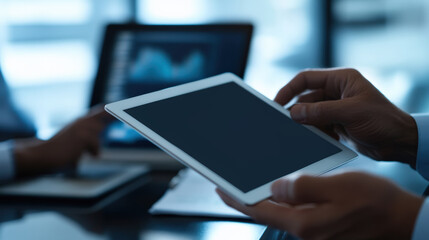 A professional analyzes data on a tablet, showcasing modern technology in a corporate environment with graphs and statistics.