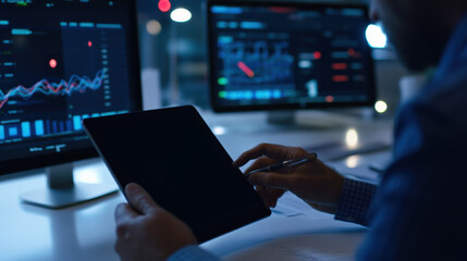 Fototapeta premium A professional analyzing data on a tablet, with multiple monitors displaying graphs and statistics in a modern workspace.