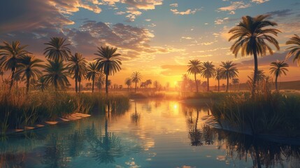 Obraz premium oasis in the middle of the desert on a sunset