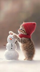 A cute kitten wearing a red scarf and hat playfully interacts with a snowman in a picturesque snowy landscape, creating a delightful winter moment