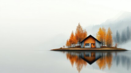 Fototapeta premium Serene autumn landscape featuring a cozy cabin surrounded by colorful trees and calm water reflections.
